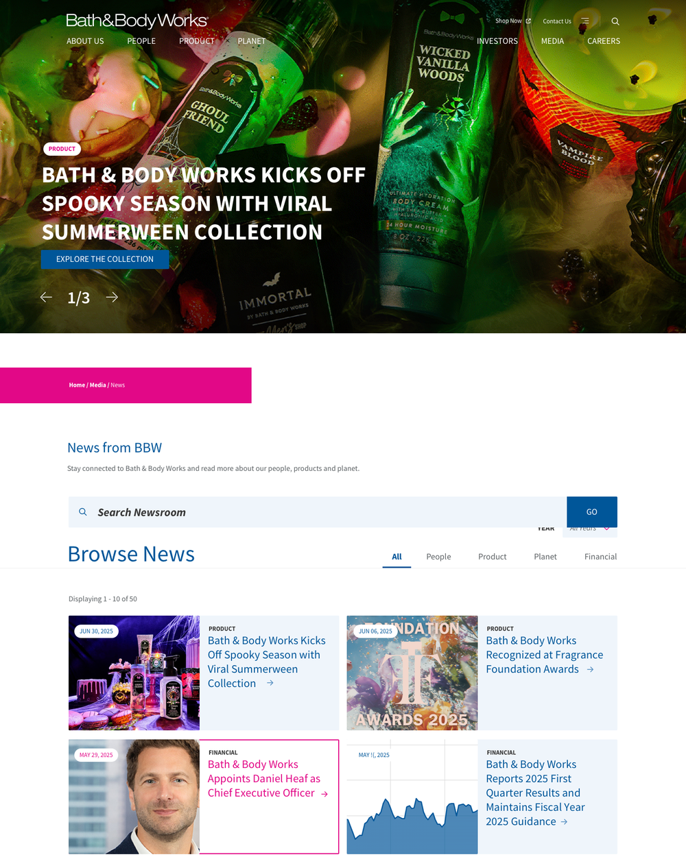 Newsroom listing with category filters
