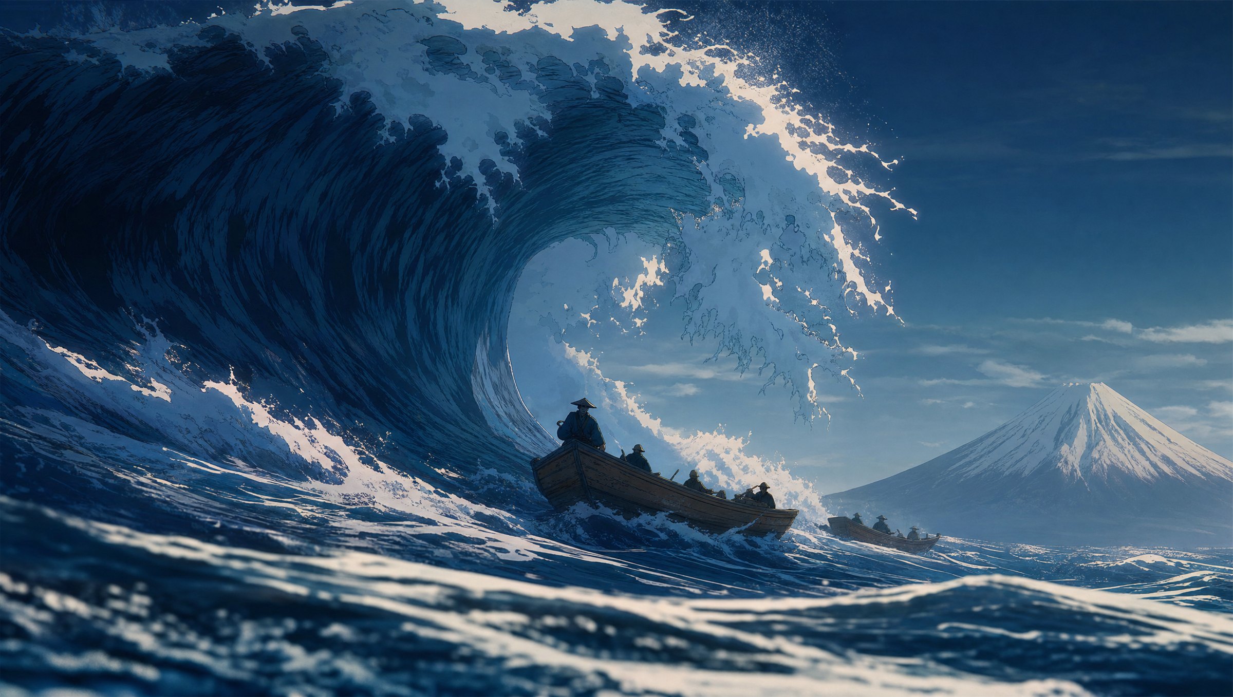 A reimagined Great Wave off Kanagawa, with fishing boats beneath the crest and Mount Fuji beyond