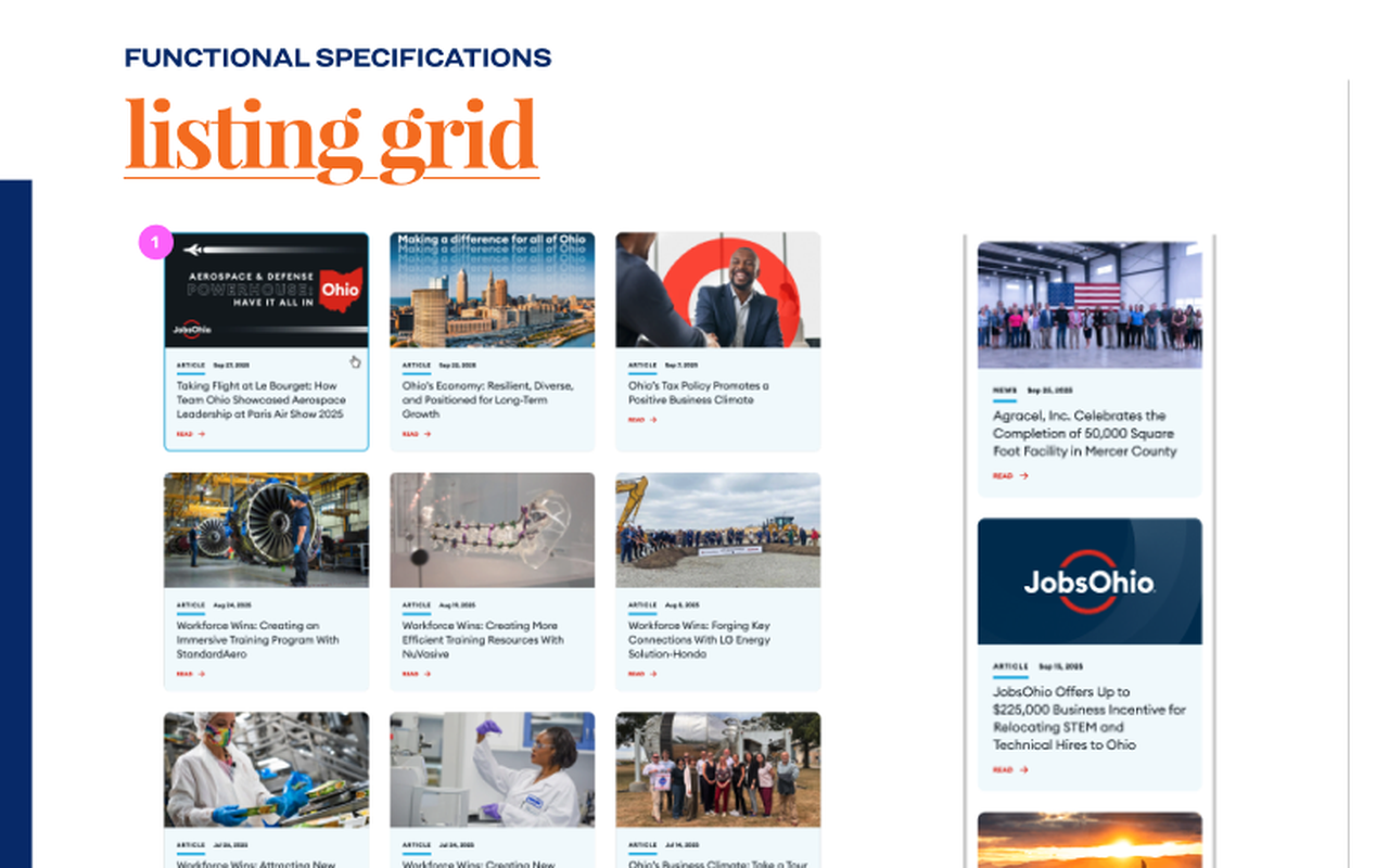Functional specification page for the listing grid component, desktop and mobile
