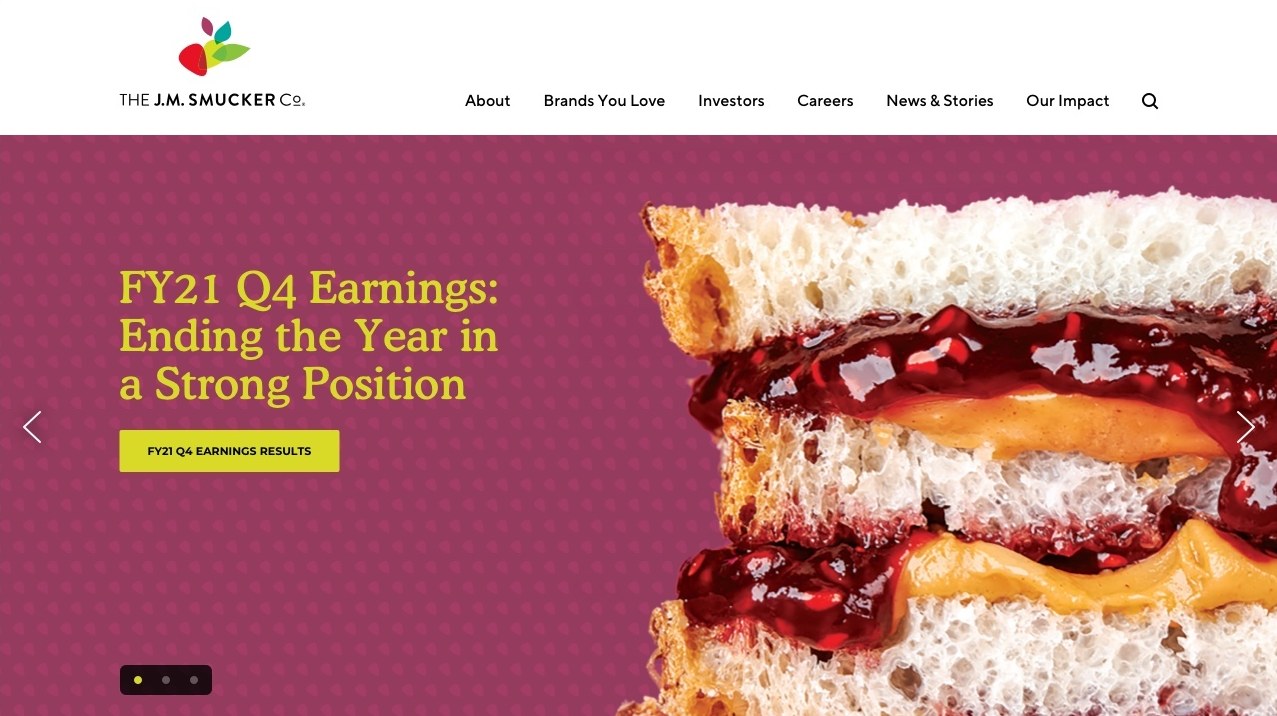 2021 home page hero, bold purple colourway with the Uncrustables sandwich